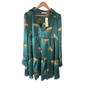 NWT Doe and Rae Green Leopard Print Tiered Shirt Dress Long Sleeve Women's Large